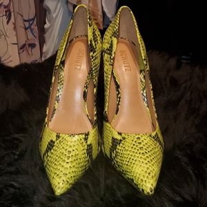 Neon green snake print Schutz pumps